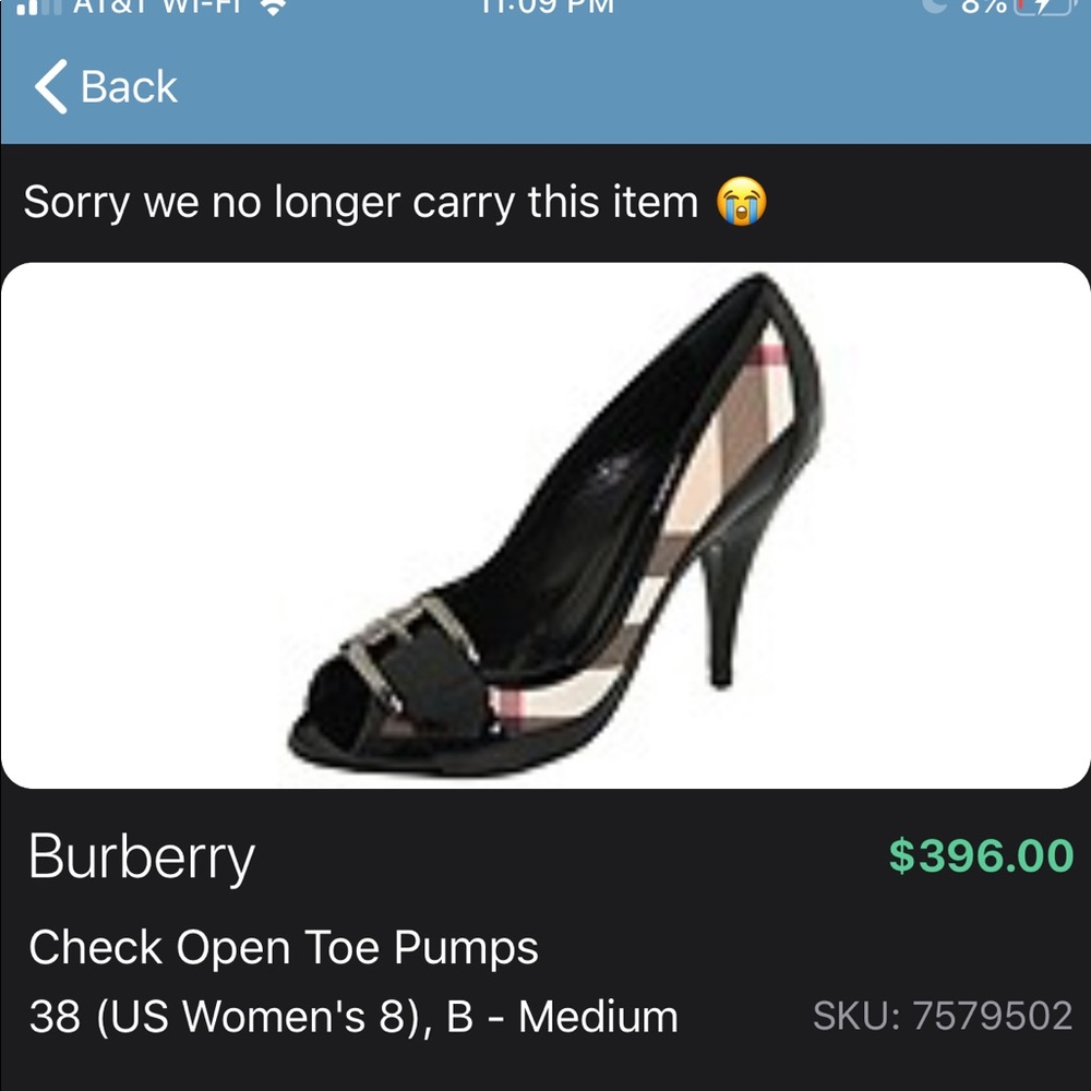 Burberry women’s check open toe pump sz 38 (US8)